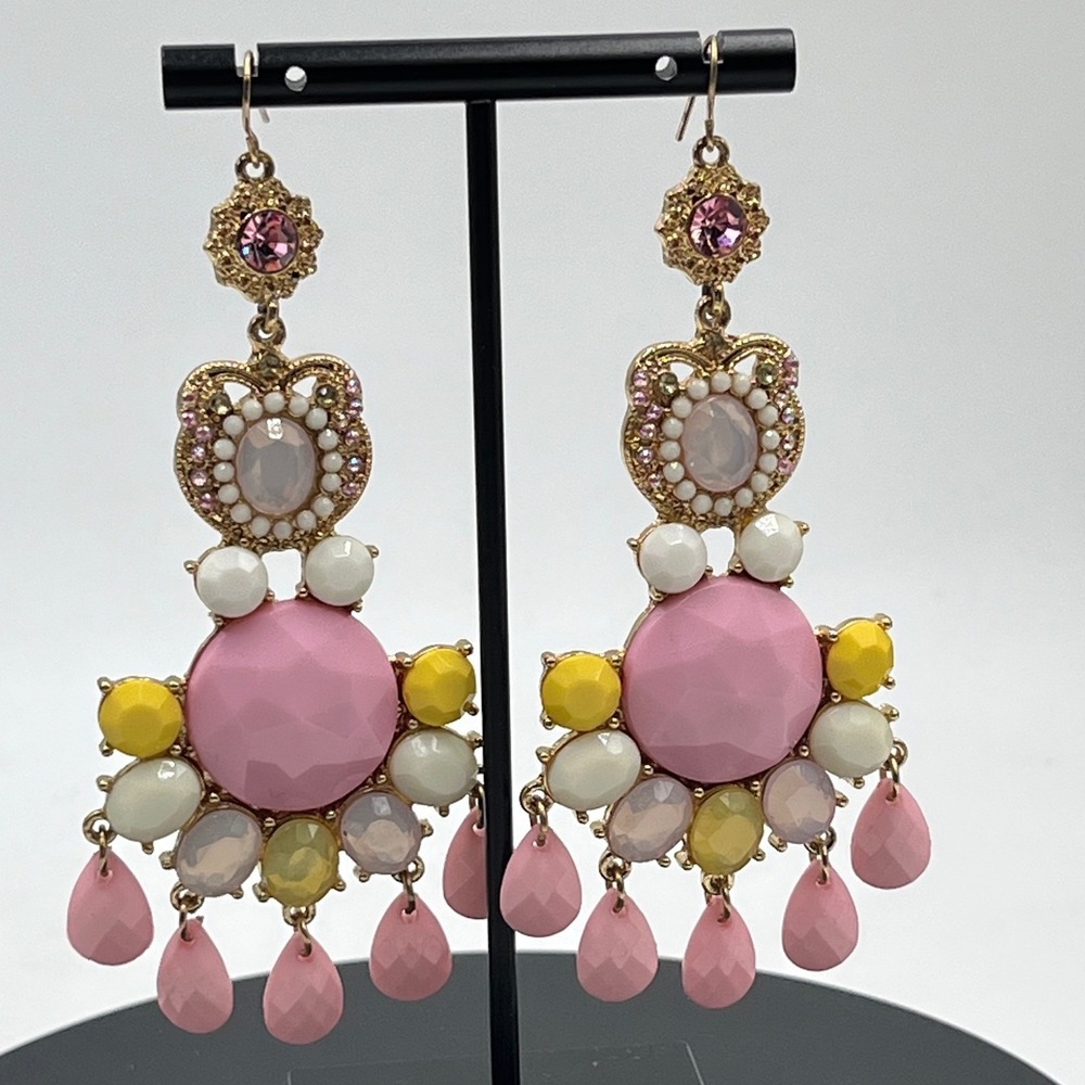 Pink‎ Yellow Rhinestone Chandelier Easter Summer Cabochon 4" Pastel Earrings